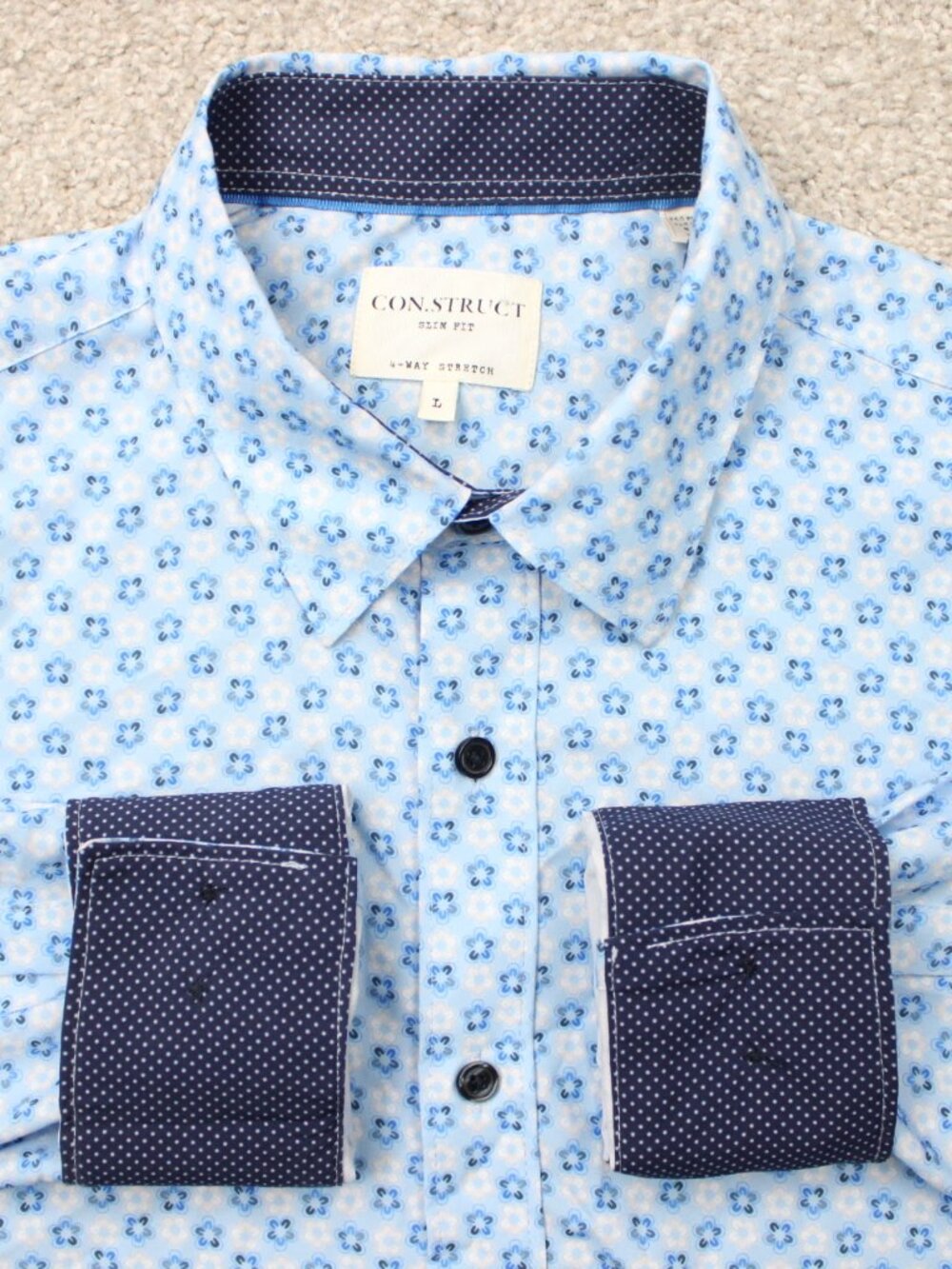 Construct Shirt Mens Large Blue Geometric Flip Cuff Slim Fit 4 Way Stretch L/S